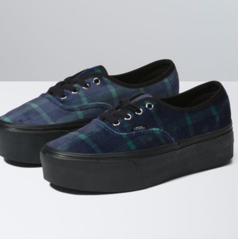 Vans Navy and Green Plaid Platform Sneakers